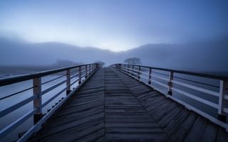 Картинка мост, туман, утро, озеро