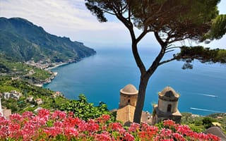 Картинка Равелло, море, горы, деревья, цветы, Италия, Салерно, небо