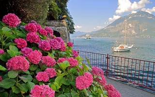Картинка Италия, залив, море, корабль, яхта, цветы, небо, набережная, гора