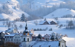 Картинка горы, городок, ратуша, зима, альпы, снег, дома