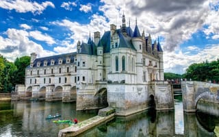 Картинка Франция, замок, канал, небо, ров, вода, шато, мост, облака