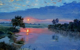 Картинка живопись, картина, пейзаж, тихий вечер, Луценко, облака, вода, природа, холст, солнце, берег, закат
