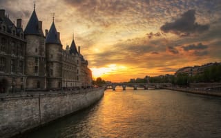 Картинка Франция, вечер, река, закат, сена, мост, Париж