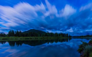 Картинка берег, облака, вода, природа, National Park, отражение, Grand Tetons, Национальный Парк, перед рассветом, USA, синее, Гранд-Титон, лес, небо, гладь, река