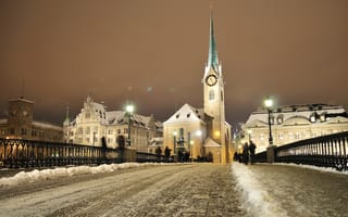 Картинка Цюрих, дома, люди, зима, снег, огни, мост, вечер, Швейцария, башня