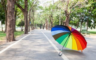 Картинка дорога, rainbow, зонт, лето, colorful, umbrella, park, радуга, аллея, summer, деревья, парк