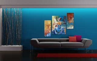 Картинка интерьер, картины, диван, дизайн, стиль, бамбук