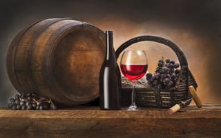 Картинка бочка, корзина, виноград, бутылка, штопор, вино