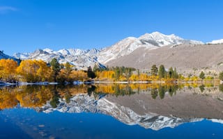 Картинка небо, горы, озеро, деревья, осень, отражение