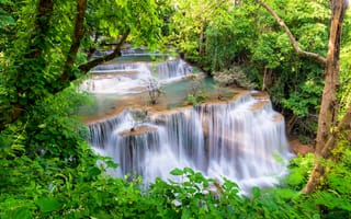 Обои лес, пейзаж, river, тропический, summer, река, водопад, Тайланд, скалы, tropical, landscape, forest, beautiful, waterfall