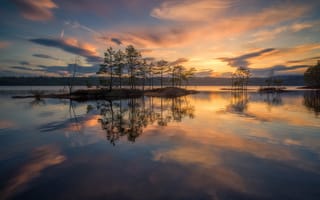 Картинка закат, островок, Norway, Норвегия, озеро, вода, Рингерике, небо, Ringerike, деревья, отражение