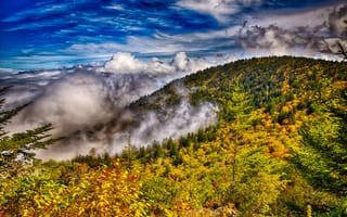 Картинка небо, горы, облака, лес, осень, деревья