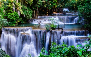 Картинка лес, пейзаж, forest, водопад, тропический, скалы, tropical, beautiful, summer, river, landscape, Тайланд, waterfall, река