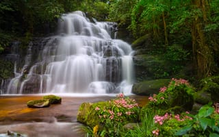 Обои лес, пейзаж, скалы, тропический, beautiful, река, forest, summer, river, Тайланд, landscape, tropical, waterfall, водопад