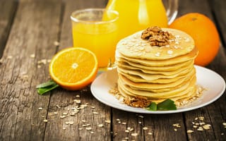 Картинка завтрак, pancake, блины, fruit, сок, апельсиновый, Nuts, Orange, wood