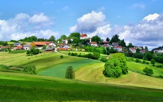 Картинка деревья, Германия, холмы, город, небо, трава, Кирхберг, дома