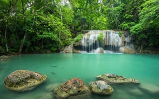 Обои лес, пейзаж, тропический, beautiful, river, река, summer, скалы, forest, landscape, tropical, waterfall, Тайланд, водопад