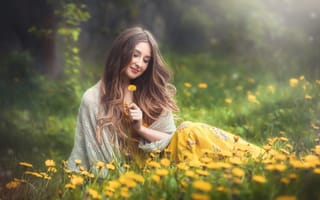 Картинка девушка, настроение, цветы, Оксана, волосы, улыбка, Вадим Мельник, одуванчики