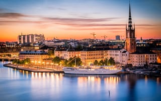 Картинка Стокгольм, небо, огни, дома, Швеция, море, корабль