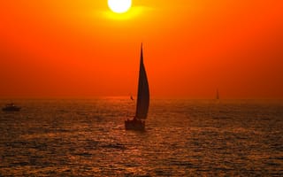 Картинка небо, солнце, парус, море, увтер, закат, лодка