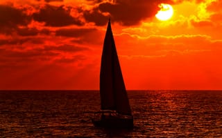 Картинка небо, закат, лодка, солнце, парус, облака, море, яхта