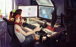 Картинка art, vivian james, джойстики, девушка, компьютер, 4chan, doomfest, мониторы, игра