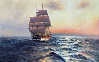 Обои небо, паруса, картина, корабль, Alfred Jansen, пейзаж, море