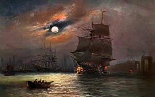 Обои Alfred Jansen, картина, море, небо, корабль, Луна, пейзаж, лодка, ночь, паруса