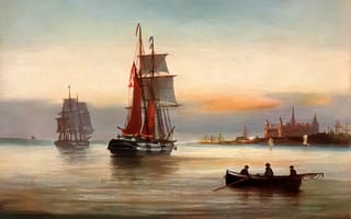 Обои Alfred Jansen, город, пейзаж, паруса, море, замок, небо, люди, картина, лодка, корабль