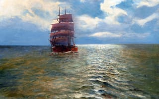 Картинка Alfred Jansen, корабль, море, паруса, пейзаж, картина, небо