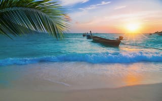Обои песок, море, sunset, берег, пальмы, paradise, summer, пляж, волны, beach, sea, sand, закат, лето, beautiful, seascape