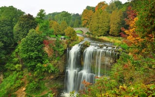 Картинка парк, осень, лес, мост, деревья, водопад, река