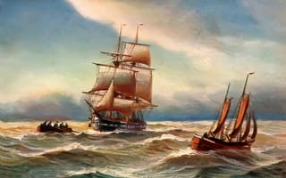Картинка Alfred Jansen, море, люди, лодка, шторм, пейзаж, картина, небо, волны, паруса, корабль
