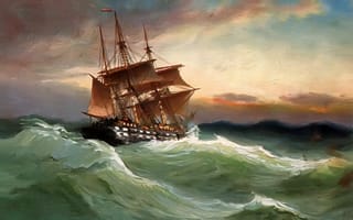Картинка Alfred Jansen, море, картина, пейзаж, небо, волны, паруса, шторм, корабль
