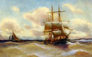 Картинка Alfred Jansen, картина, паруса, шторм, корабль, волны, небо, море, пейзаж, лодка