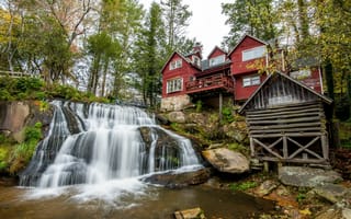 Картинка деревья, природа, река, дома, водопад