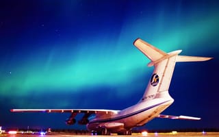 Обои Ил-76, МД, Крылья, Аэропорт, Ильюшин, Ночь, Авиация, Сияние, Небо, Candid, военно-транспортный самолёт, 76797