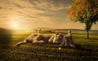 Картинка дети, коллаж, львица, дружба, птица