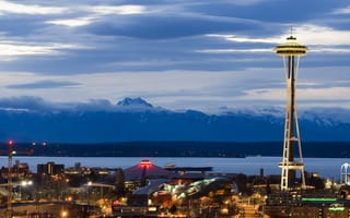 Картинка вечер, горы, башня, Сиэтл