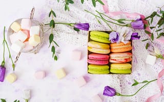 Картинка цветы, macaron, marshmallow, sweet, french, dessert, зефирки, макаруны, flowers, пирожные, десерт, colorful, pink, macaroon, сладкое
