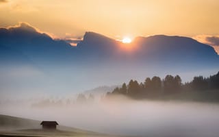 Картинка горы, Italy, утро, Dolomites, туман, пейзаж, поле, Alpe di Siussi
