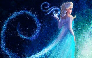 Картинка Queen Elsa Frozen, платье, белые волосы, взгляд, мультфильм, снежинки, арт
