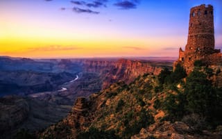 Картинка США, Национальный парк Гранд-каньон, пустыня, река Колорадо, сумерки, Аризона, сторожевая башня