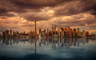 Картинка небо, вода, облака, City, Город, здания, sky, мост