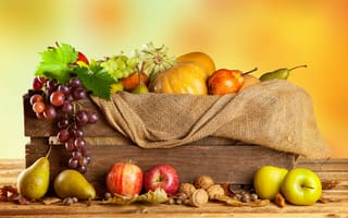 Картинка осень, груши, овощи, урожай, тыквы, орехи, мешковина, ящик, яблоки, фрукты, виноград