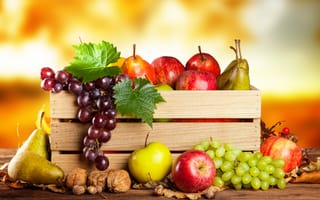 Картинка осень, орехи, яблоки, урожай, ящик, груши, фрукты, виноград