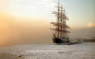 Картинка Корабль, море, туман, мороз, барк Седов, Санкт-Петербург, январь