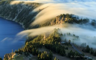 Картинка природа, туман, озеро, лес, утро