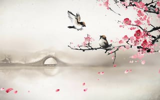 Картинка весна, утро, туман, лепестки сакуры, арт, птички, сакура, река, мост