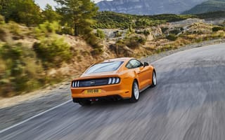 Картинка Ford, вид сзади, дорога, оранжевый, Mustang GT 5.0, 2018, фастбэк